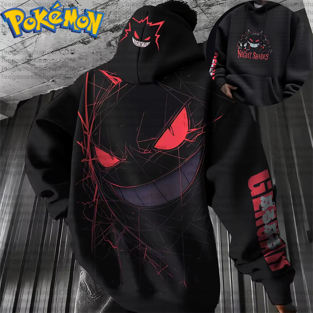 Pokemon anime gengar algodão moletom com capuz harajuku calças conjunto preto personagem impressão com olhos vermelhos dentes afiados padrão roupa de duas peças