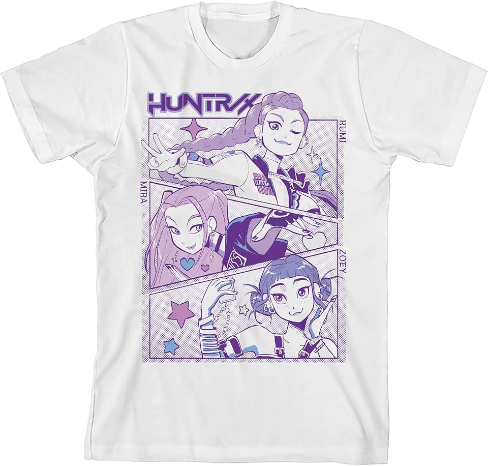 Bioworld Kpop Demon Hunters Panel Art Huntrx Camiseta juvenil verde claro gola redonda manga curta
