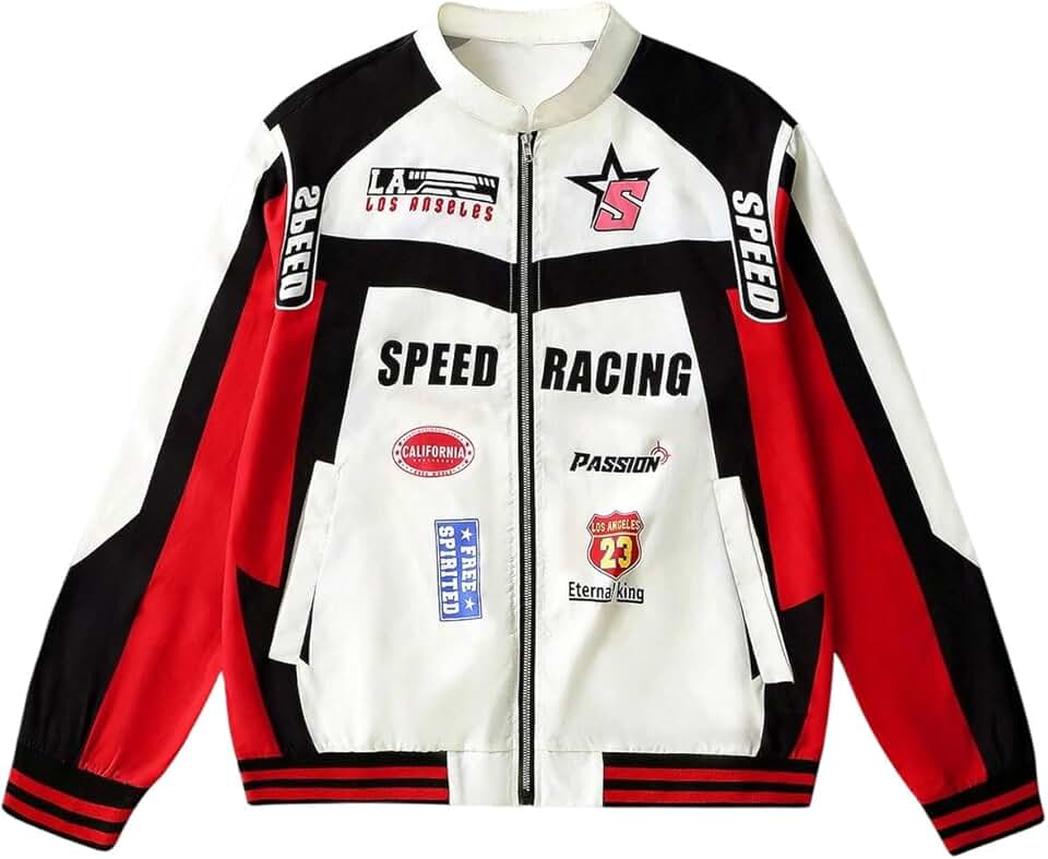 GORGLITTER Jaqueta bomber masculina universitária Y2K com zíper gráfico jaquetas de corrida coloridas para motociclista casacos streetwear