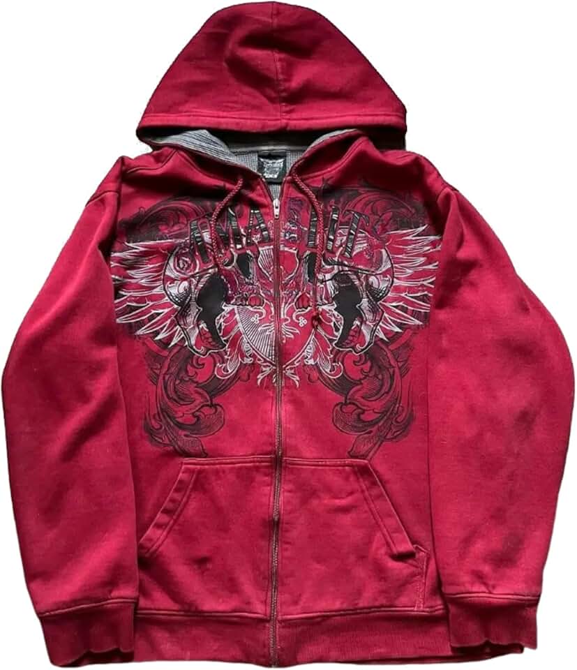 Pdxnyxx Jaqueta Streetwear Y2K Grunge com Zíper, Moletom Unissex Oversized Emo Gótico Anos 2000 com Estampa (Vermelho, Gg)