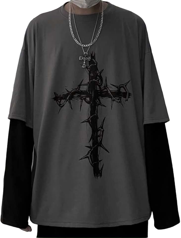 Aobiono Camiseta masculina feminina gótica Y2K Emo Grunge Alt Vintage manga longa camiseta Dark Academia Harajuku Cross moletom roupas