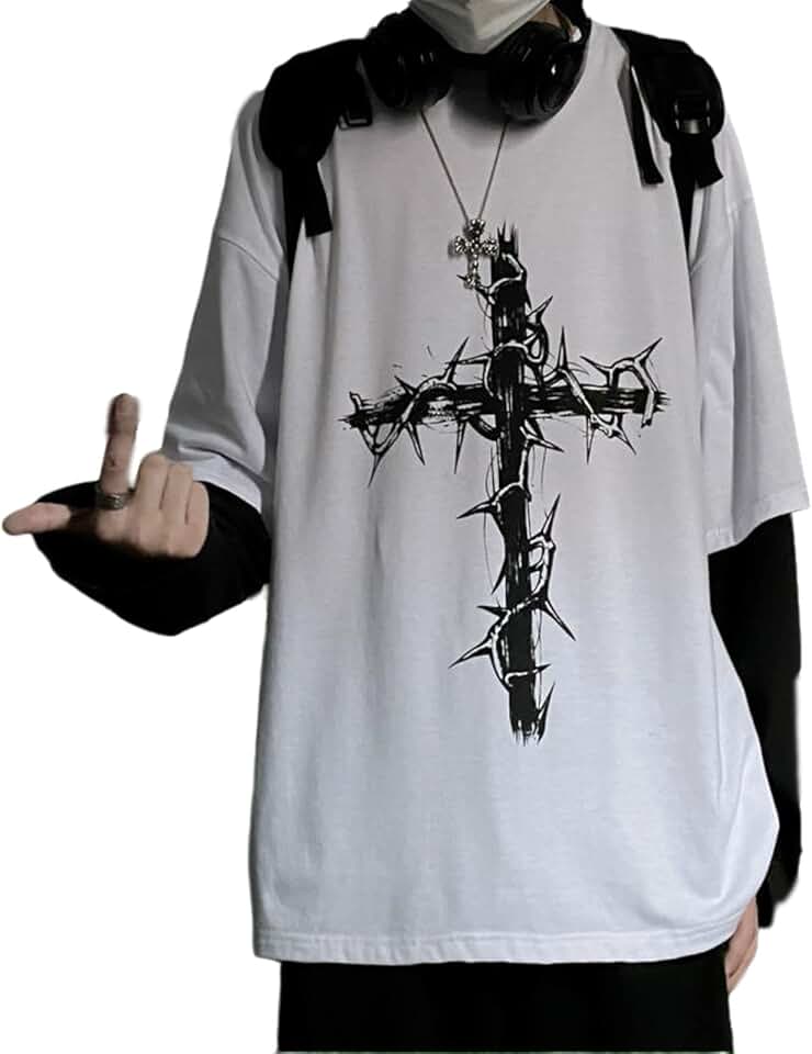 Aobiono Masculino Camisa Gótica Masculina Y2K Emo Grunge Alt Vintage Cross Graphic Manga Comprida Camiseta Dark Academia Moletom Harajuku (Branco, Gg)