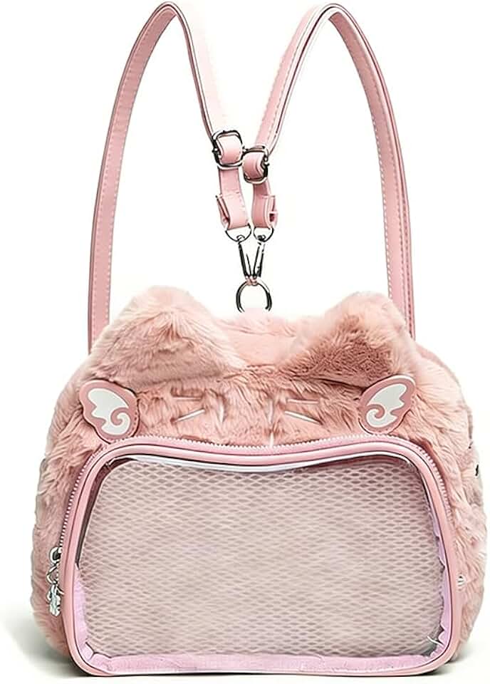 Para fãs Mochila de pelúcia rosa em formato de gato，Bolsa Ita transparente para pins anime,japonesa/coreana/kawaii Mochila estilo Y2K，com placa para exibição