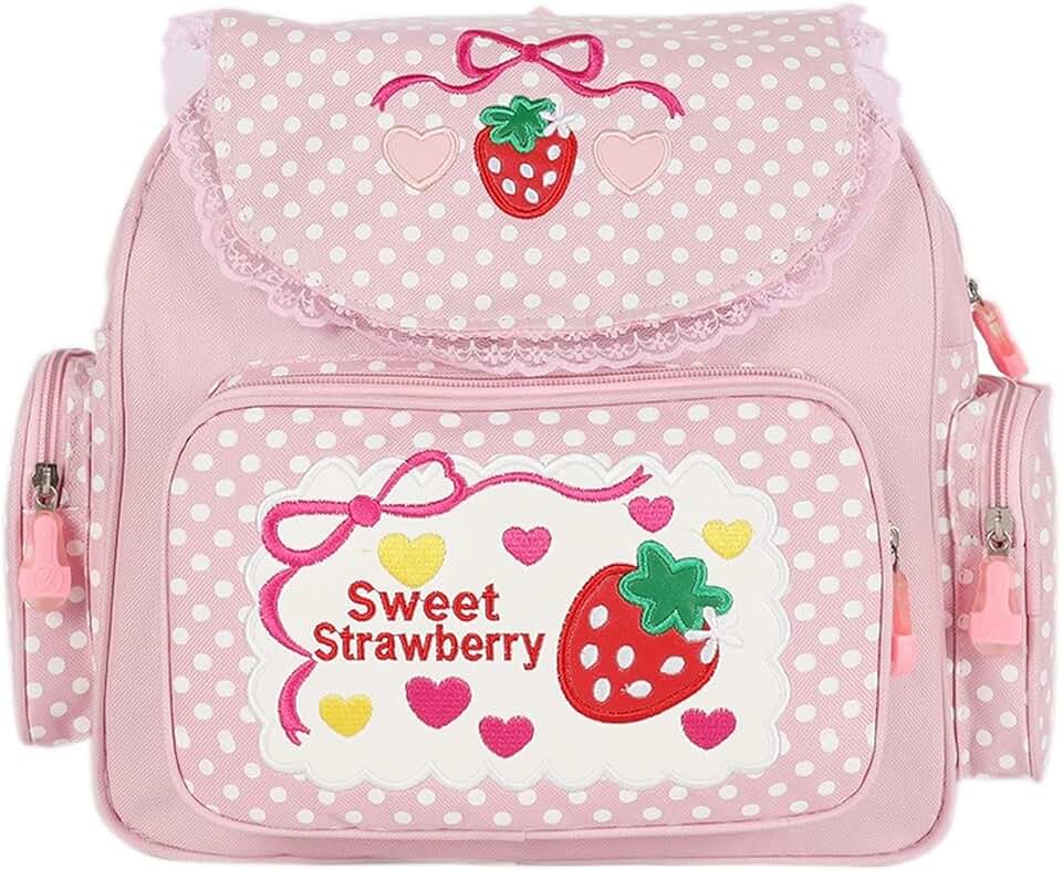 Aobiono Mochila Kawaii de morango mini fofa anime estética rosa renda bolinhas pequena bolsa de livros de desenho animado japonês, rosa, Large, Mochilas Daypack
