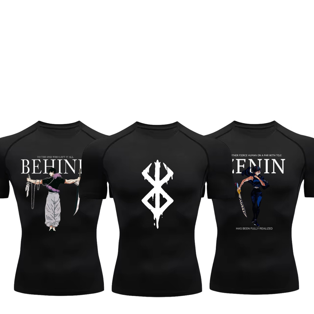 Kit 3 Camisetas Compressão Proteção Uv Estampada Tecido Gelado Segunda Pele Manga Curta Animes Toji Berserk Maki