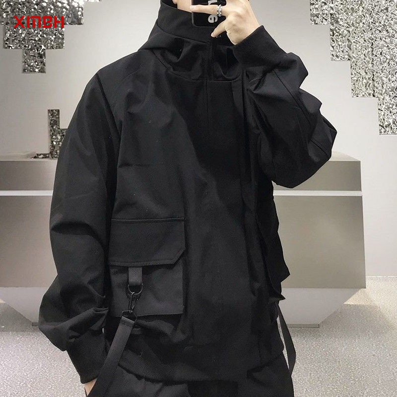 QWEEK Hip Hop Harajuku Mulheres e Homens Estilo Safari Jaqueta Oversized Streetwear Gótica Techwear Casaco de Outono Pri