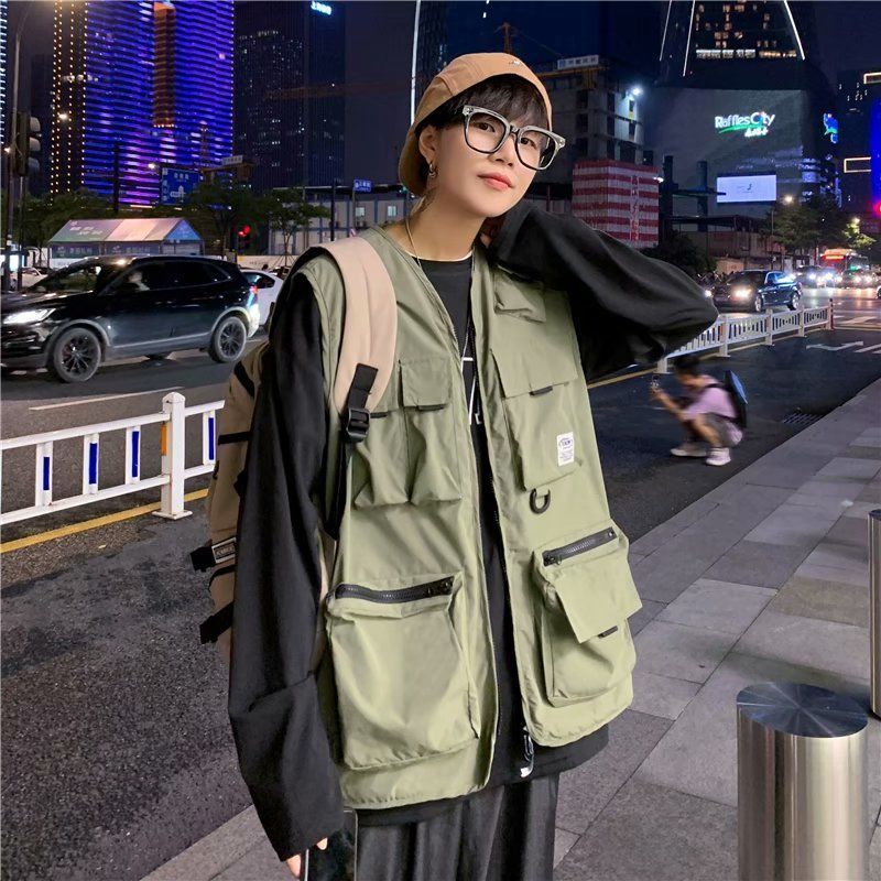 Escuro funcional tático ferramentas colete masculino solto Street Wear ins All-Match na moda Multi-bolso colete jaqueta