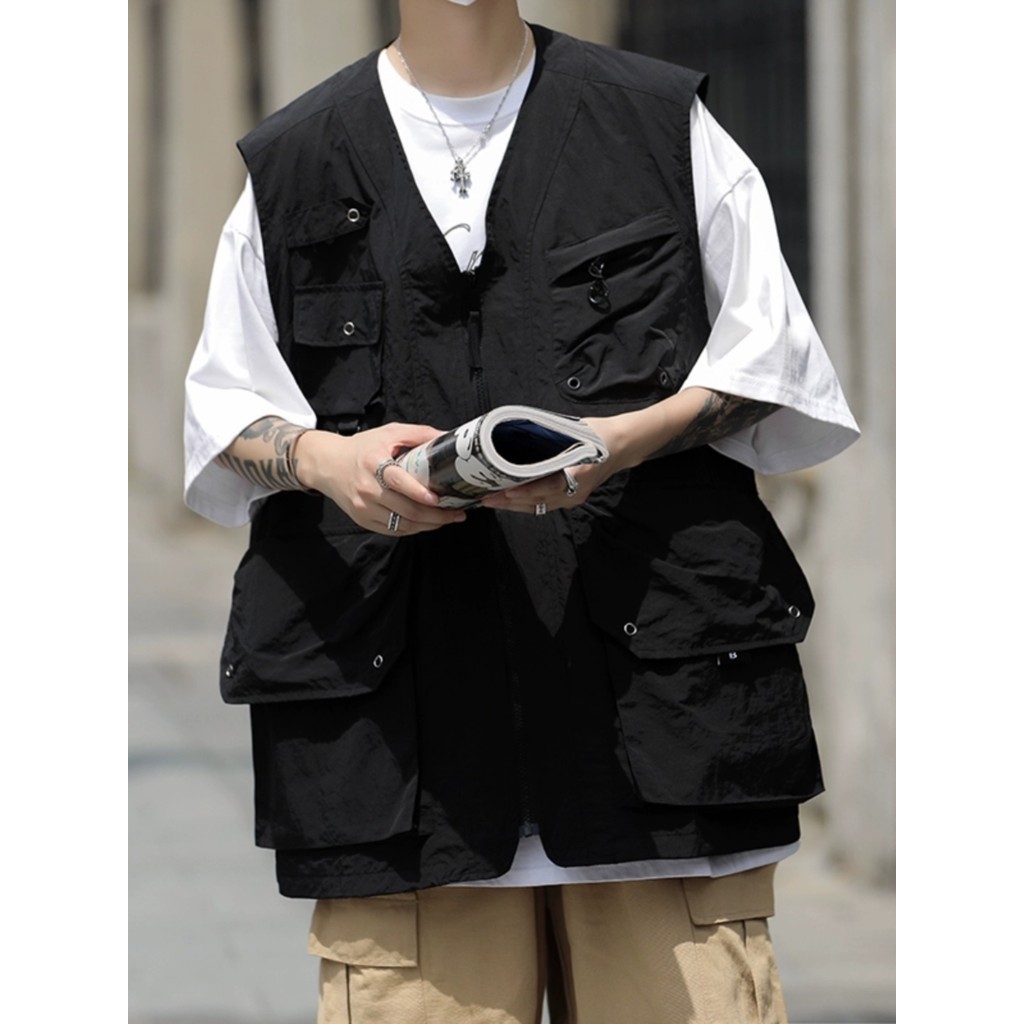 Japonês Retro solto ferramentas colete masculino Multi-bolso ao ar livre estilo funcional tático com decote em V colete 