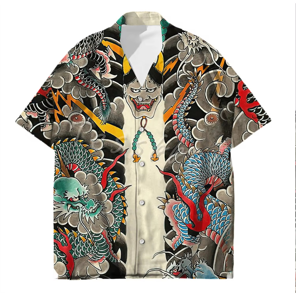 Tessffel Samurai Tatuagem Japonesa 3D Impresso Camisa Havaiana Masculina De Praia Moda Verão Harajuku Casual Oversized S