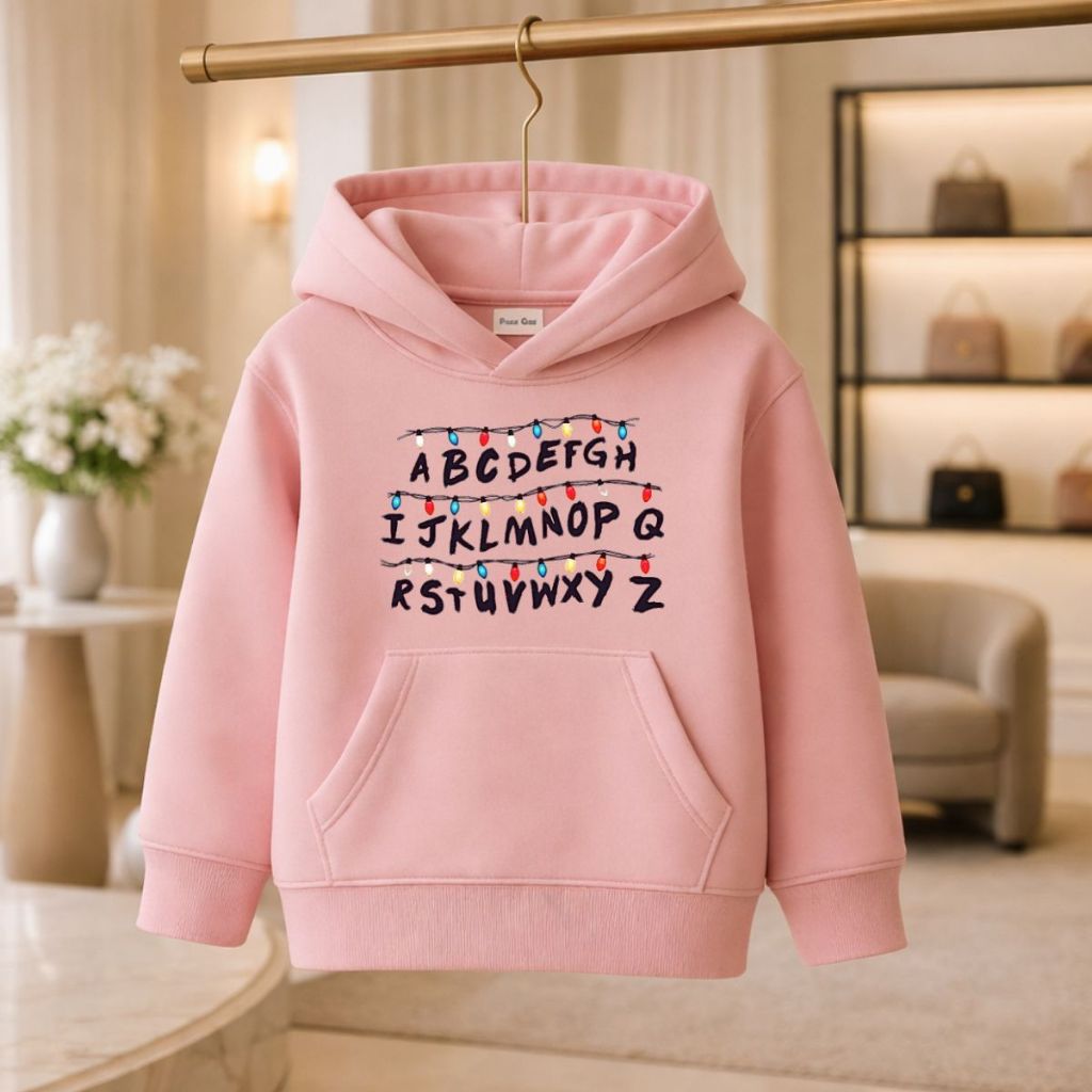 Blusa de Frio Infantil Com Capuz Alfabeto Estilo Stranger Things Geek Icônico Moda Inverno Teen