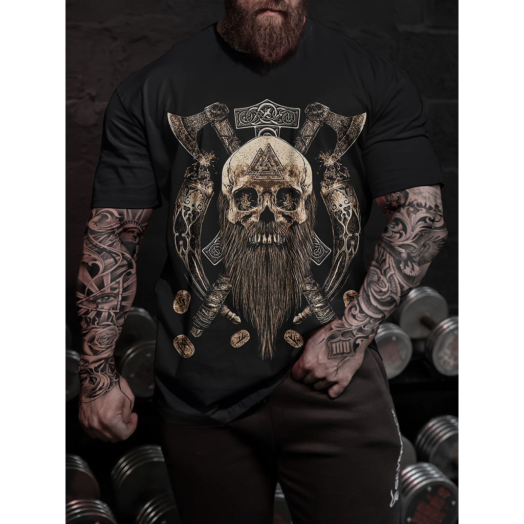 Camiseta preta solta unissex | Estampa de totem de guerreiro viking retro - Camisa casual de heavy metal obscuro