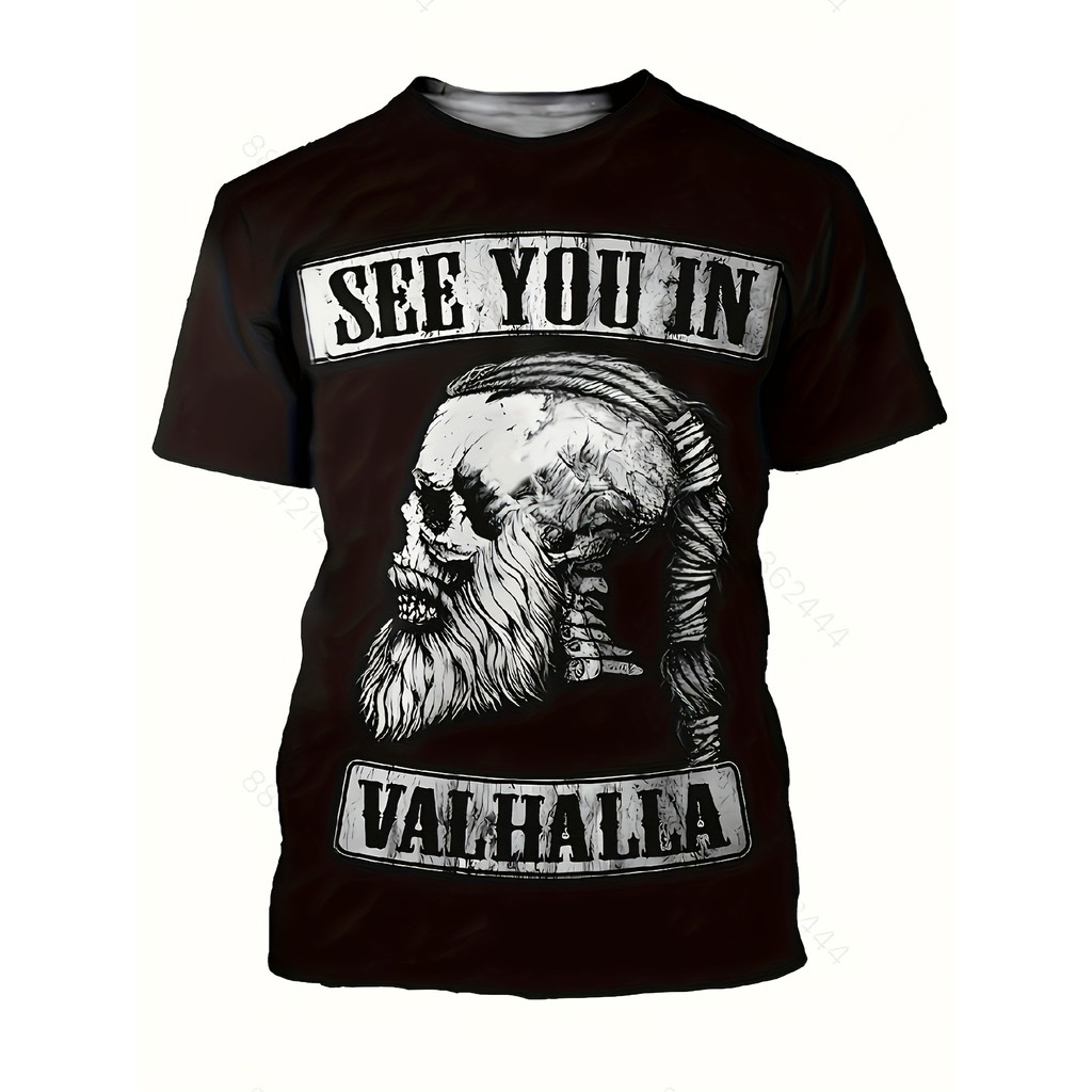Camiseta marrom escuro solta unissex | Estampa de guerreiro viking de Valhalla - Camisa casual de heavy metal obscuro