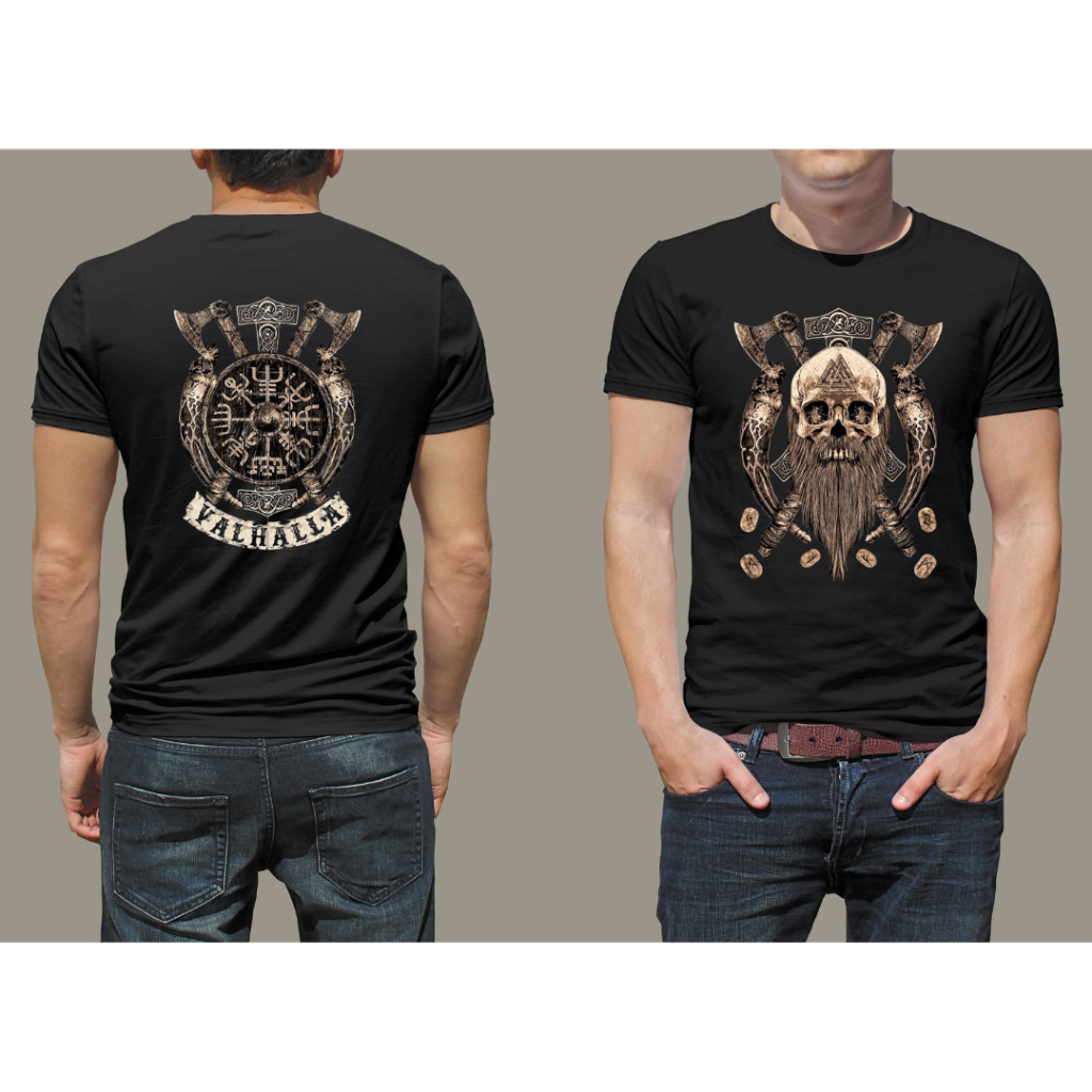 camisetas algodão Camiseta Vikings Guerreiros Valhalla Frente e Costa estampada