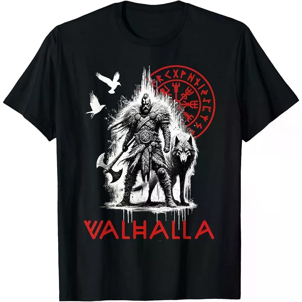 Valhalla Lobo E Raven Viking Runas Bússola Nórdica Camiseta Cultura Guerreiro Padrão Retro Masculino Crewneck Algodão To