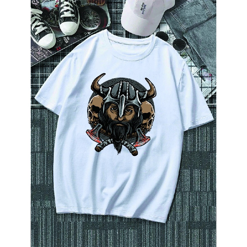 Camisa Guerreiro Viking Estampa Caveira Death Tecido Algodão 100% Casual Blusa Camiseta Unissex