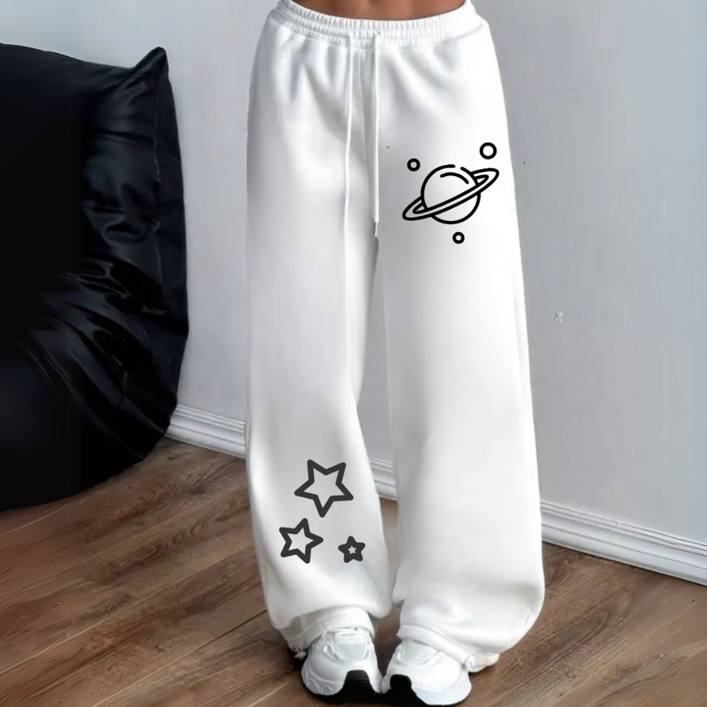Calça Moletom Cargo Wide Leg Planetinha Estrelas Minimalista Feminina Algodão Casual Streetwear