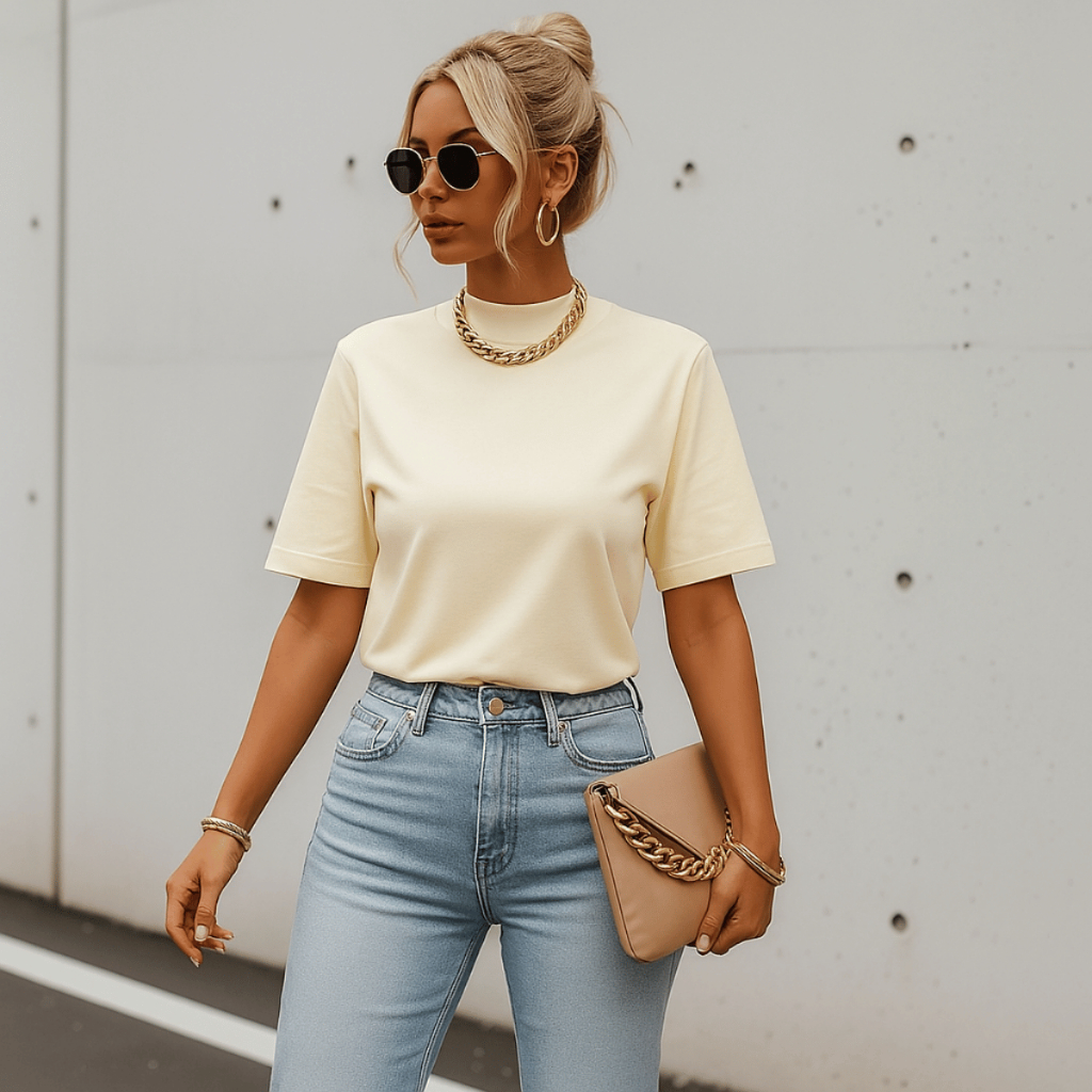 T-Shirt Feminina Gola Alta Com Manga Oversized Algodão Menegotti Básica Camiseta Moda Estilosa Preta Marrom Branca