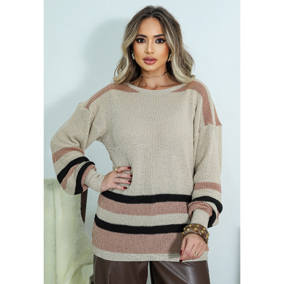 Blusa de Tricot Feminino Oversized Ampla Manga Longa Inverno Listrada básica blusão frio tricô