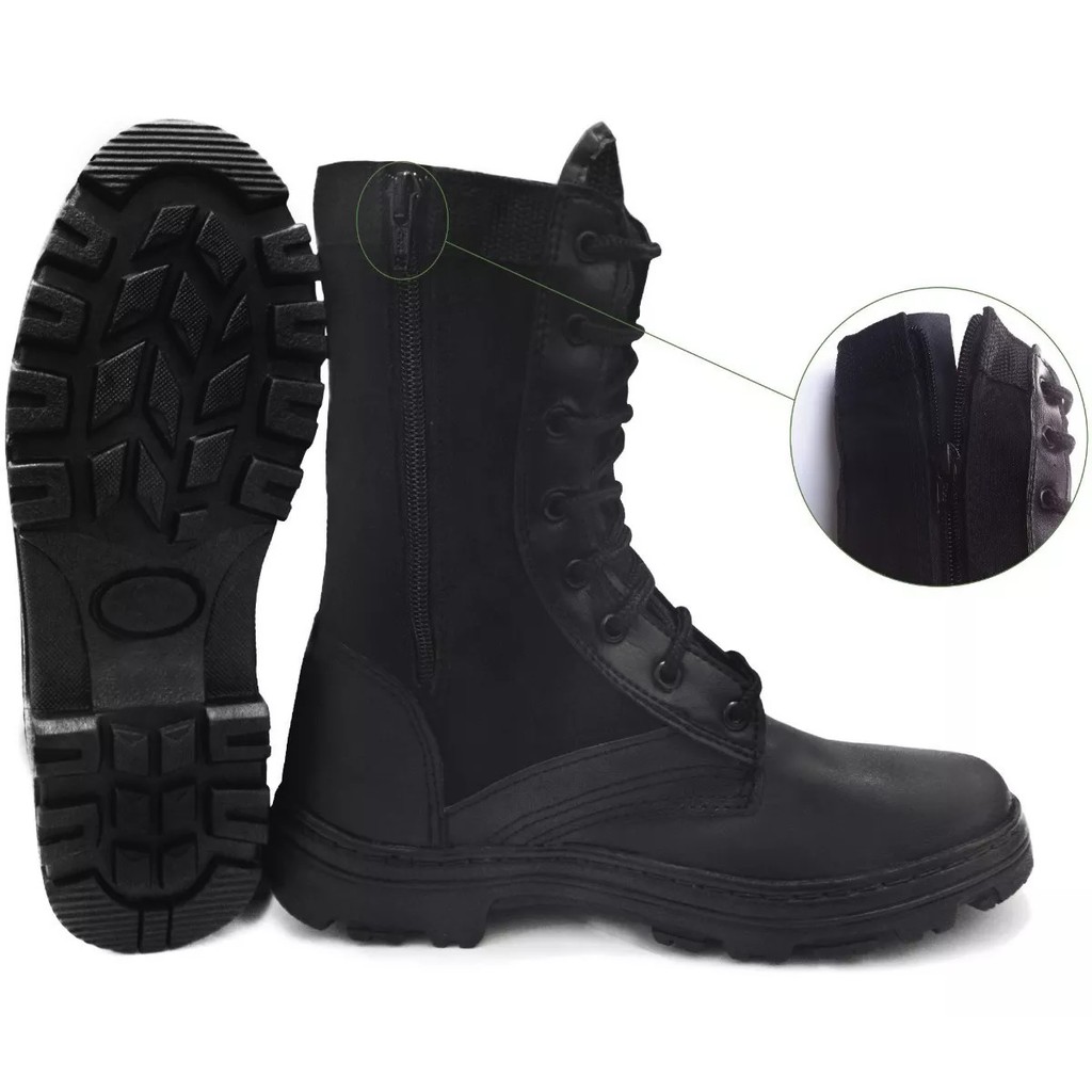 Bota Tática Coturno Zíper Lateral Lona/ Couro Militar Segurança Exército Preta