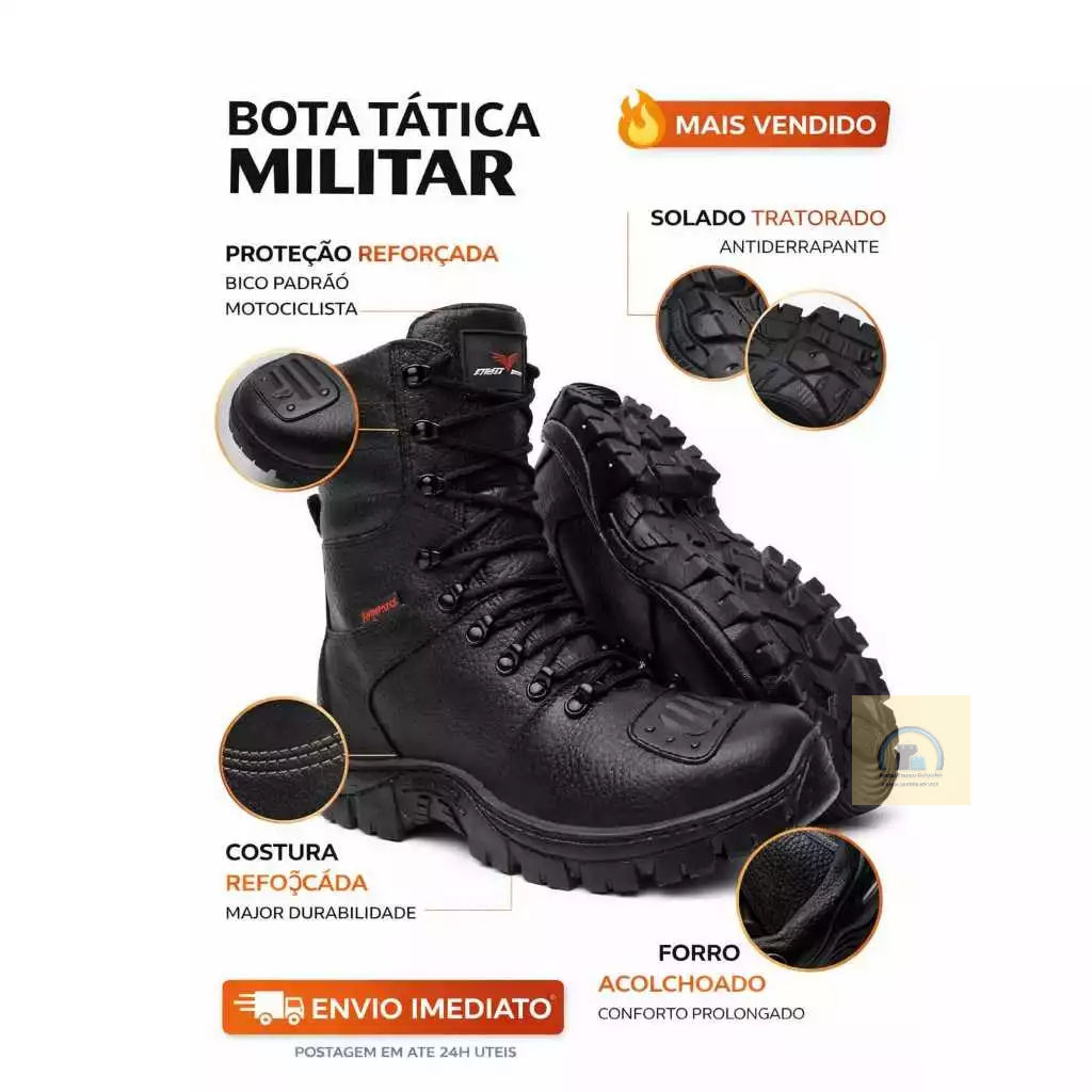 Bota Coturno Masculina Preta  Couro Legitimo Coturno Tática Militar, Motoqueiro  Protetor de Marcha