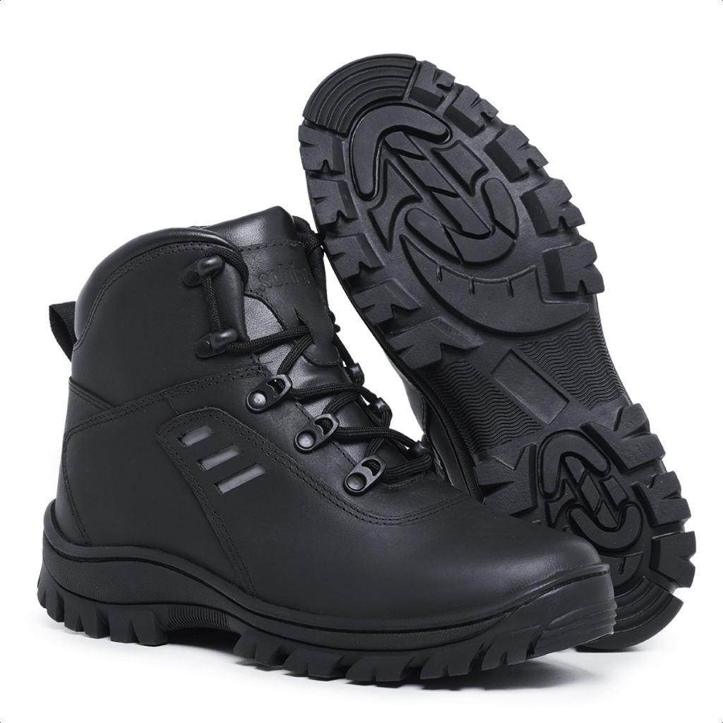 Bota Masculina Militar Tática Coturno Couro Legítimo Tratorado Trilha Camping Motociclista Preta